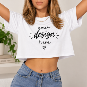 White custom women's crop tee with personalized printing by SHEERO
